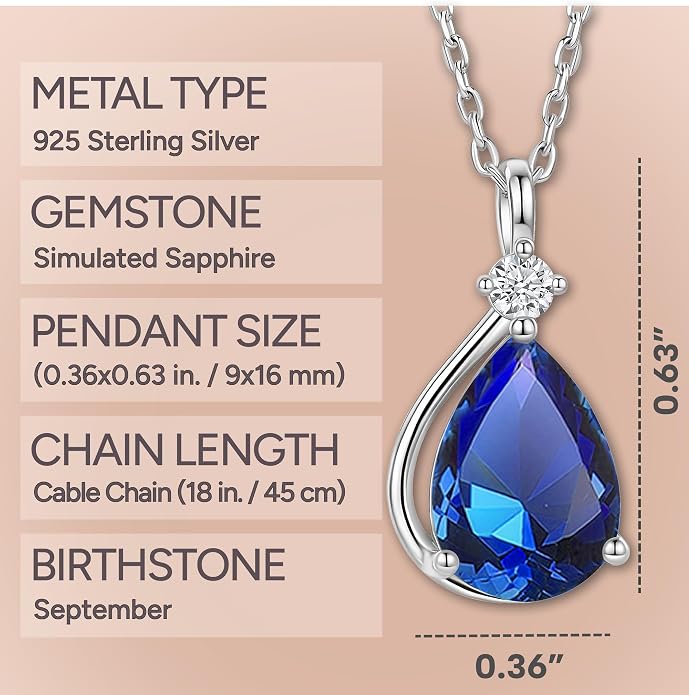ADITA GOLD Birthstone Necklace for Women, 925 Sterling Silver Teardrop Pendant, Simulated Gemstone, Birthstone Jewelry