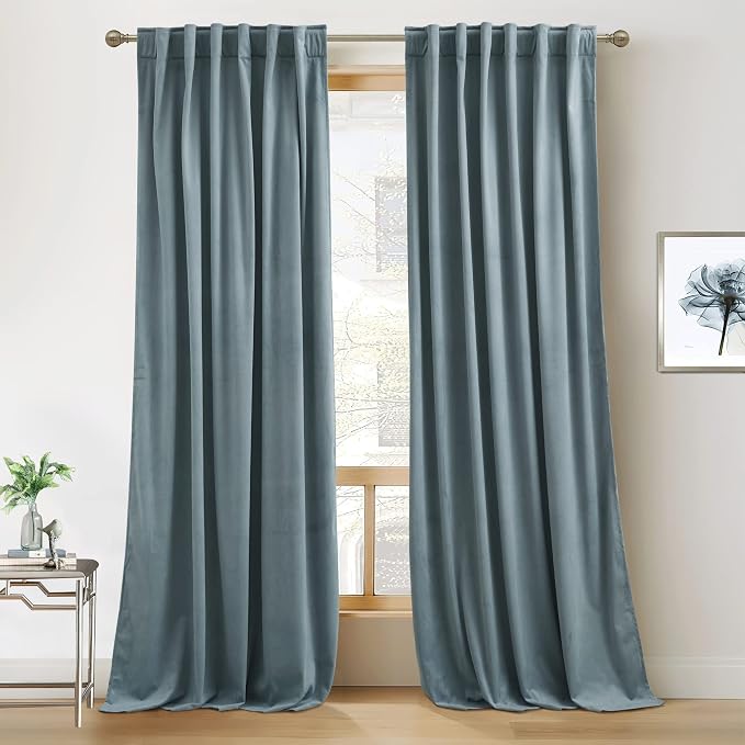 RYB Home Stone Blue Velvet Curtains - Blackout Curtains for Nursery Thermal Insulated Noise Reducing Soft Luxury Window Decor for Bedroom, Stone Blue, W42 x L84 inches, 2 Panels
