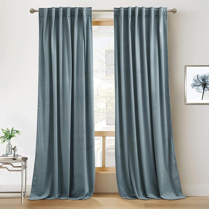 RYB HOME Stone Blue Velvet Curtains 80 inches, Back Tab Soft Fabric Room Darkening Thermal Insulated Luxurious Home Decor Curtains for Living Room Bedroom, W 52" x L 80", 2 Panels Set