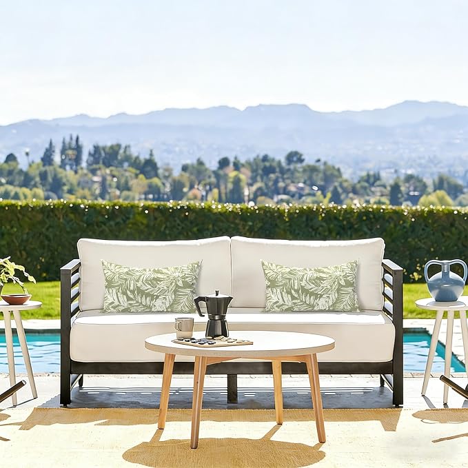 LVTXIII Set of 2 Patio Lumbar Pillows, 12" x 20" Fade Resistant Outdoor Lumbar Pillow with Inners, Fluffy Decorative Garden Lumbar Cushions for Home Patio Coach Sofa Use, Tropical Leaf Green