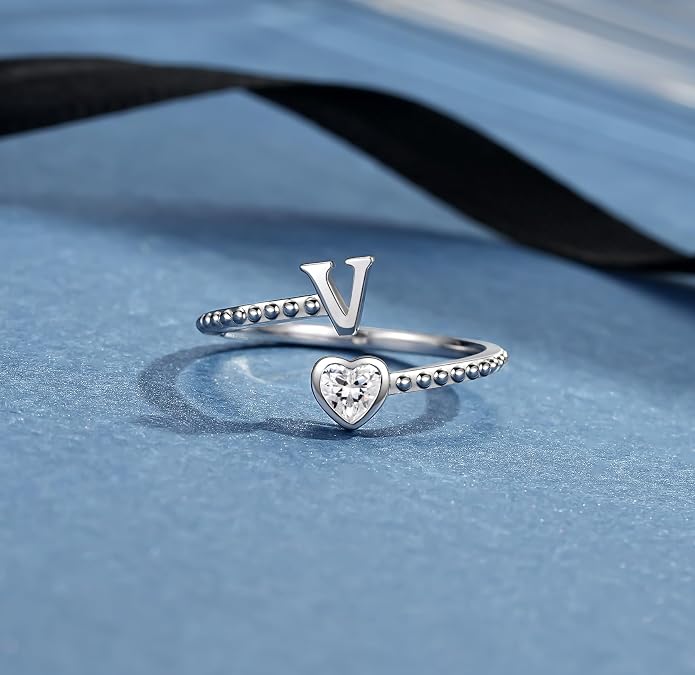 Step Forward 925 Sterling Silver Adjustable Initial Ring for Women | Non Tarnish Letter Rings for Lady | Alphabet Heart Thumb Rings | Capital Letter Jewelry Gifts