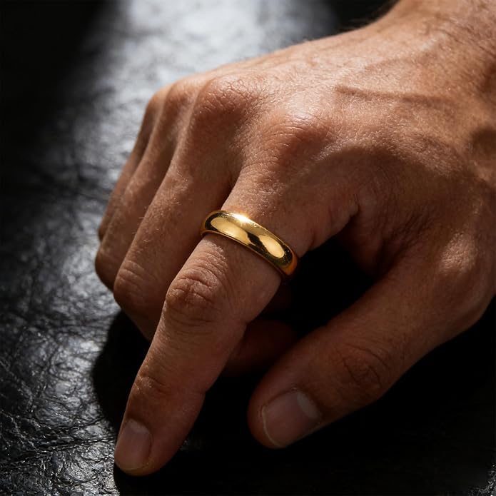 Unisex 5mm Chunky Dome Wedding Band Ring, Comfort Fit Stackable Signet Ring, Tarnish Resistant Hypoallergenic, 18K Gold Plated or Steel