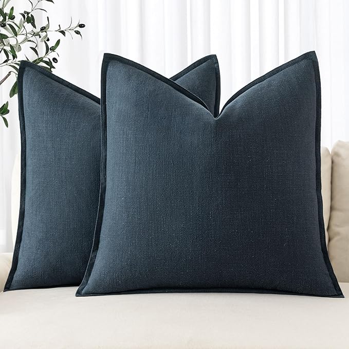 MIULEE Decorative Linen Euro Sham Pillow Covers 26x26 Deep Blue | Boho Farmhouse Neutral Couch Throw Pillows for Bed, Pack of 2 Accent Coastal Modern Pillowcases, Sofa Livingroom Home Decor