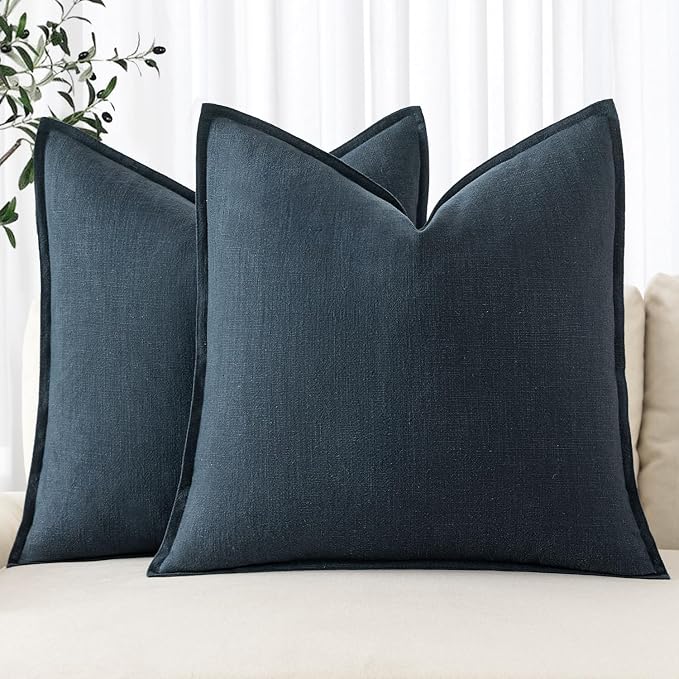 MIULEE Decorative Linen Pillow Covers 18x18 Inch Deep Blue | Boho Farmhouse Neutral Couch Throw Pillows for Bed, Pack of 2 Accent Coastal Modern Pillowcases, Sofa Livingroom Home Decor
