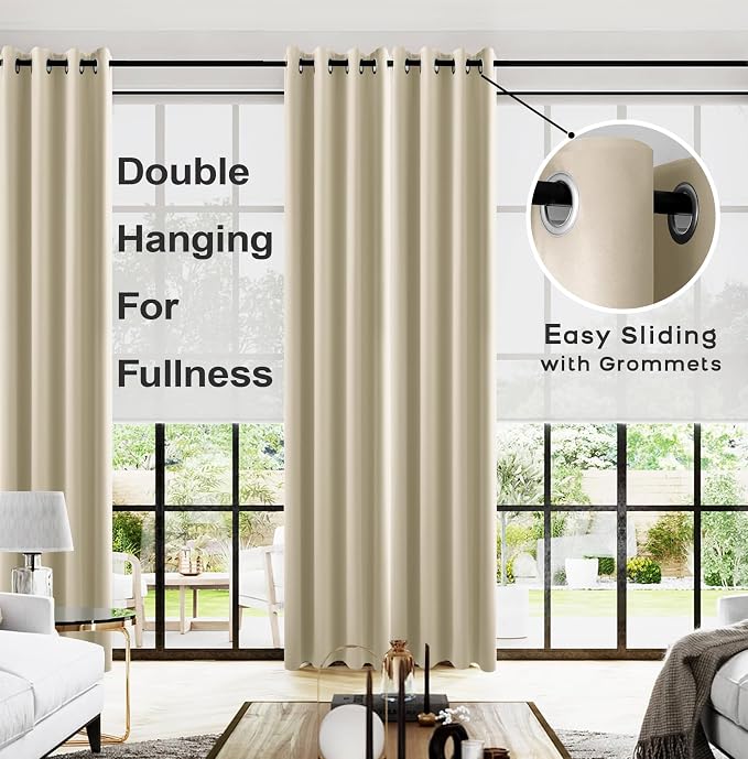 KOUFALL Beige Blackout Curtains 2 Panels,Black Out Room Darkening Grommet Bobo Eclectic Curtains for Living Room with Rings,52x102 Inches Long