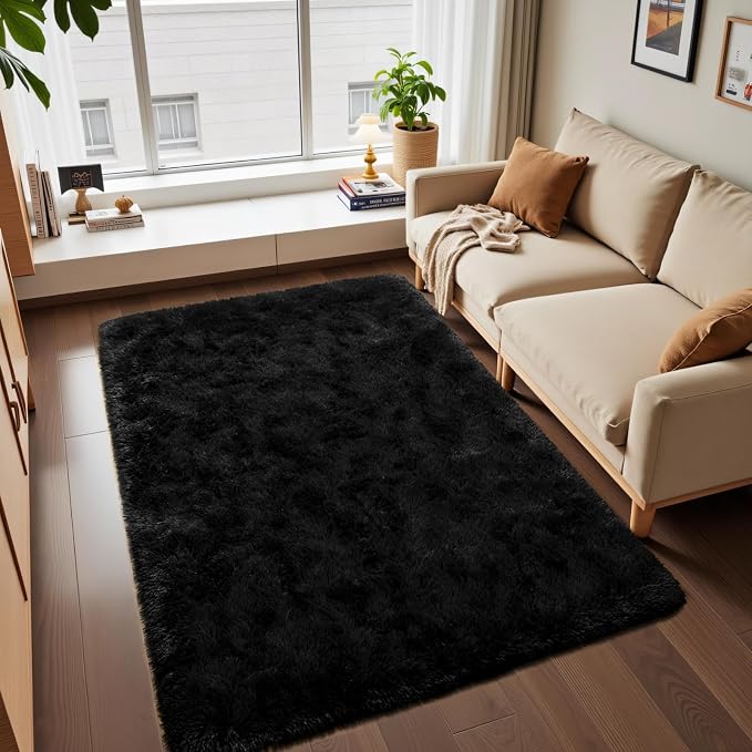 Macgace Fluffy Area Rugs for Bedroom Decor Aesthetic, 3x5 Black Shag Rug with Non-Slip Dots for Living Room, Furry Plush Mat Washable Fuzzy Carpet Modern Home Decor for Kids Nursery Gothic Room