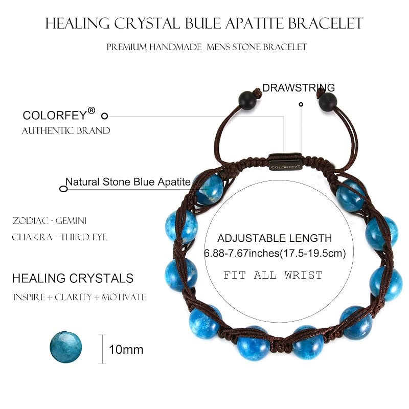 Mens Bracelets Beads Mens Bracelet Genuine Blue Apatite Crystal 10mm Natural Gemstone Bracelet Unique Gift for Men, Handmade Adjustable Crystal Bracelets Energy Protection Gifts for Him