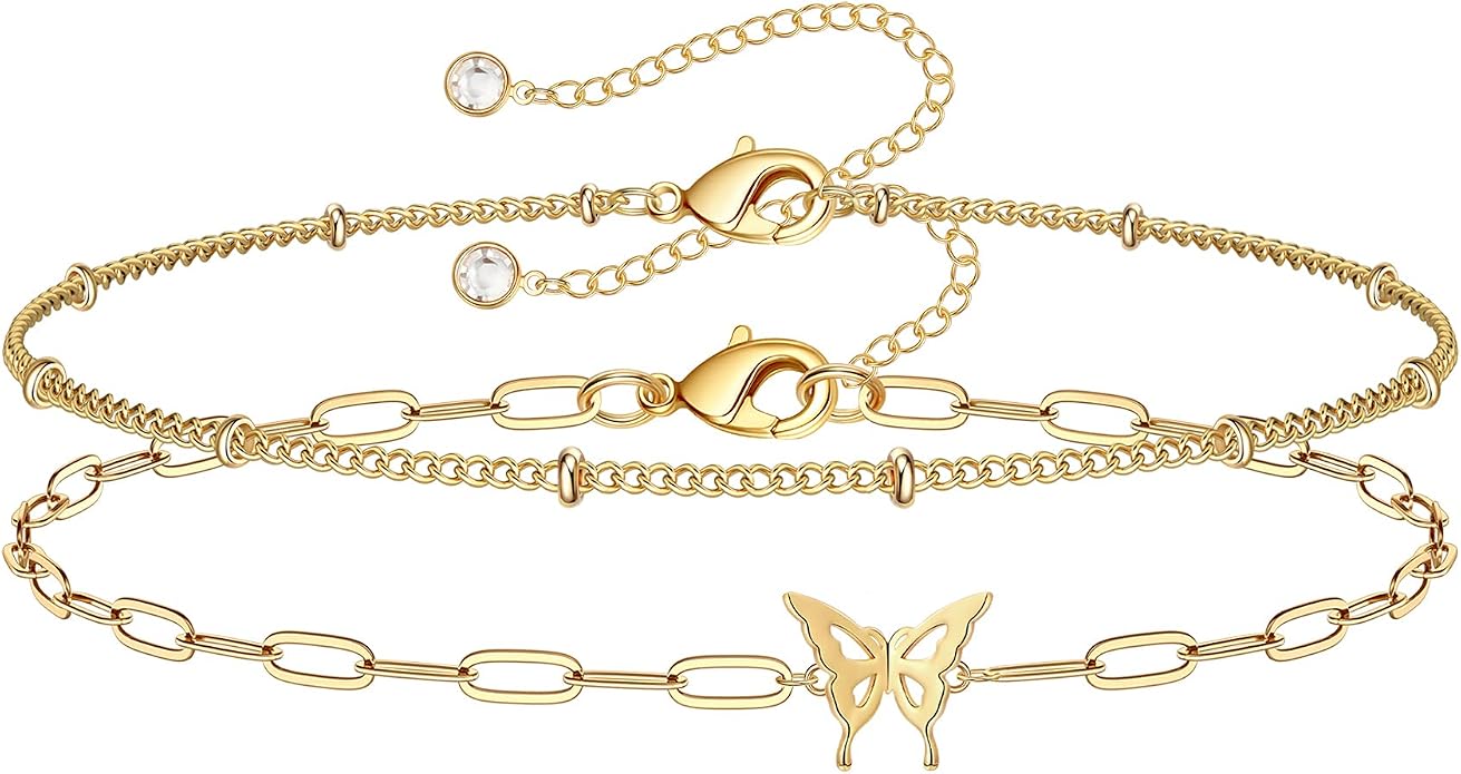 Dainty Gold Bracelets for Women, 14K Gold Plated Adjustable Layered Beads Bracelet Cute Evil Eye Oval Chain Pearl Bar Turtle Gold Bracelets for Women Jewelry