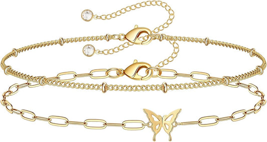 Dainty Gold Bracelets for Women, 14K Gold Plated Adjustable Layered Beads Bracelet Cute Evil Eye Oval Chain Pearl Bar Turtle Gold Bracelets for Women Jewelry