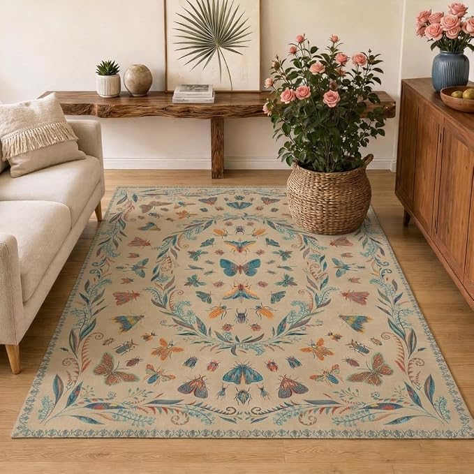 Brown Washable Area Rug for Living Room - 4x6 Large Entryway Rugs, Vintage Insect Soft Stain Resistant Carpet for Bedroom, Kitchen, Non Slip with Rubber Backing, Aesthetic Décor Indoor