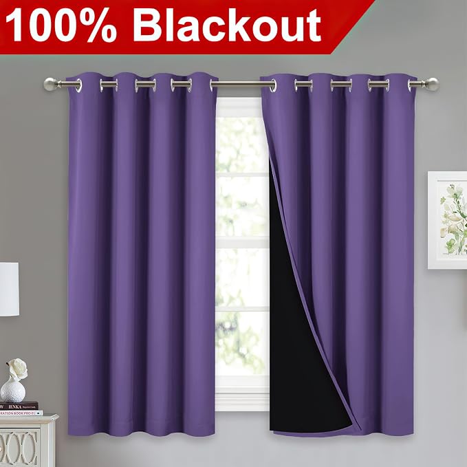 NICETOWN 100% Blackout Curtains with Black Liners, Thermal Insulated Full Blackout 2-Layer Lined Drapes, Noise Cancellation Window Drapes for Dining Room (Lilac Purple, 2 Panels, 52" W by 54" L)
