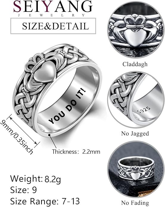 Seiyang Claddagh Ring 925 Sterling Silver Celtic Ring Jewelry Irish Band Gift for Men Women (with Gift Box)