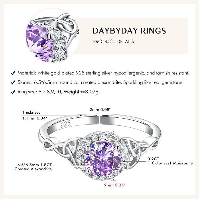 DAYBYDAY Celtic Birthstone Rings for Women 925 Sterling Silver Heart/Round/Pear/Oval Created Gemstone Moissanite Halo Engagement Promise Rings for Her Wife Birthday Anniversary Wedding Jewelry