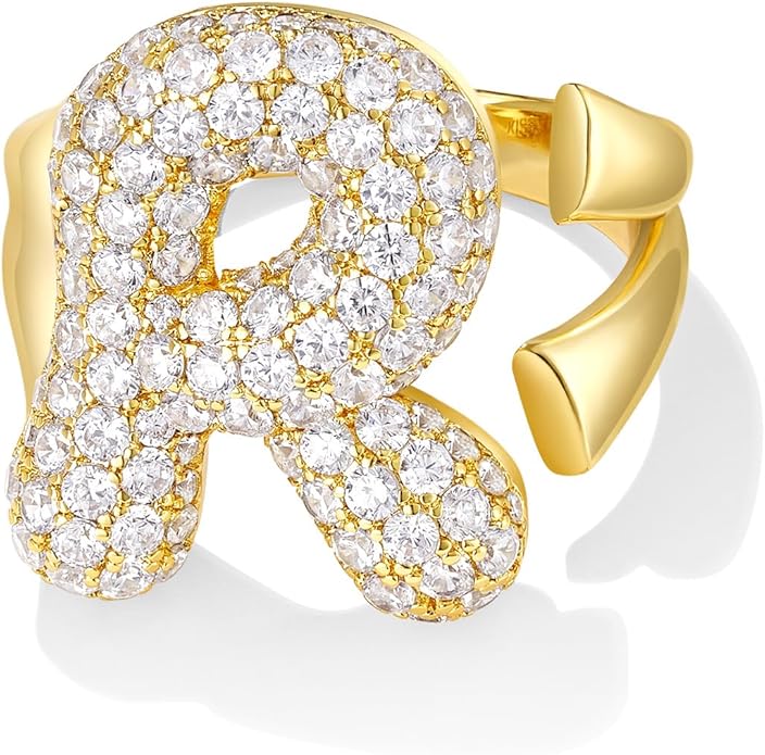 KissYan Bubble Initial Ring for Women, 14K Gold Plate Balloon Jumbo Letter Rings Open Adjustable Dainty Pave CZ Personalized Fashion Jewelry Gift for Mother's Day