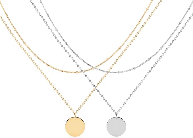 MEVECCO Layer Disc Necklace for Women Gold Silver Layered Circle Coin Disc Plated Dainty Satellite Bead Chain Simple Layer Jewelry Gift