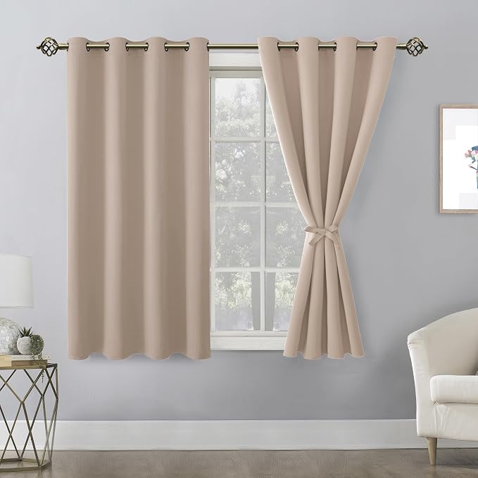 Hiasan Blackout Curtains for Bedroom, 52 x 54 Inches Long - Thermal Insulated & Light Blocking Window Curtains for Living Room/Kids Room, 2 Drape Panels Sewn with Tiebacks, Camel