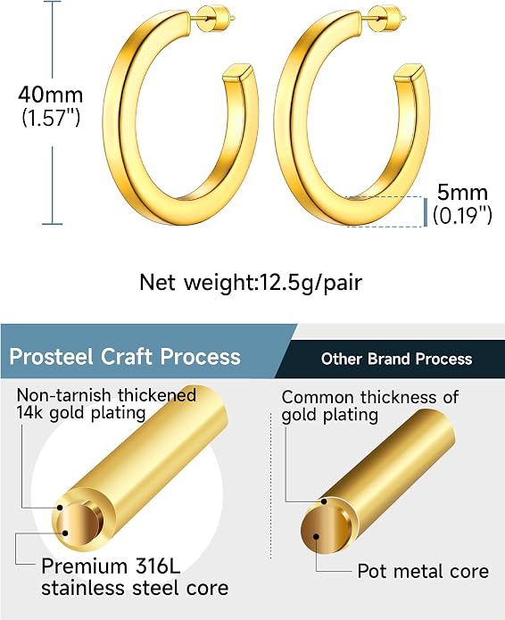 Stainless Steel Chunky Hoop Earrings For Women, Minimalist and Chic, Black/Gold Plated, Round Hoops Earrings Hypoallergenic, Size: 30mm/40mm/60mm/80mm, Come with Box