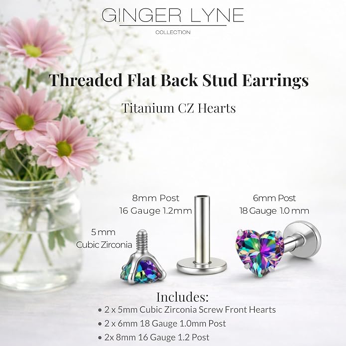 Titanium Heart CZ Labret Stud Earrings for Piercings by Ginger Lyne 6Pc Set G23 Screw Front Flat Back Body Jewelry 2 pair post 6mm, 8mm Cartilage, Helix, Tragus, Lip, Conch, Lobe