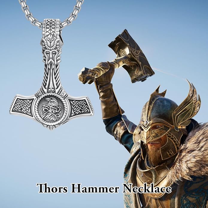 PROESS Thors Hammer Necklace Sterling Silver Celtic Knot Wolf/Lion/Raven Necklace Viking Mjolnir Pendant Jewelry for Men