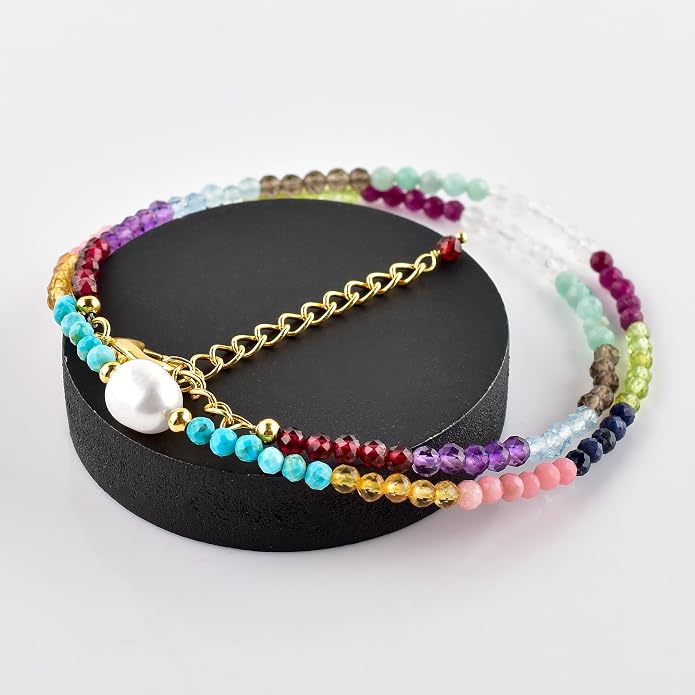 InfinityGemsArt Gemstone Gold Necklace For Women, Birthstone Natural Crystal Stone With Freshwater Pearl Beaded Jewelry, Gold Plated 18 Inch Chain