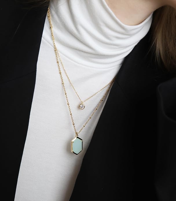 OZEL JEWELRY & GIFT Layered Gold Necklaces for Women - Crystal Colorful Delicate Cutting Pendant Necklace - 18K Gold Plated - Birthday Gifts (Made in Korea)