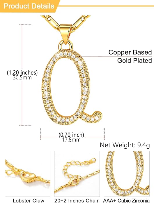 U7 Initial Necklace for Women, Gold/Platinum Plated CZ Crystal Letter A-Z Pendant Necklace, Shiny 20 Inch Name Chain Dainty Personalized Jewelry for Men Mom Wife Friend