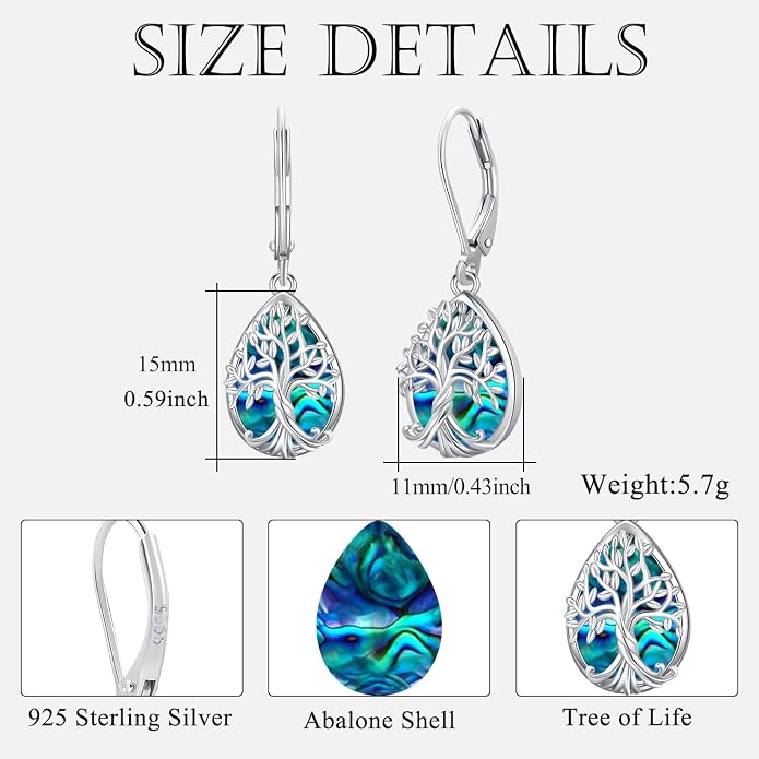 Odinstone 925 Sterling Silver Earrings Tree of Life Teardrop Moonstone Dangle Drop Leverback Earrings for Women