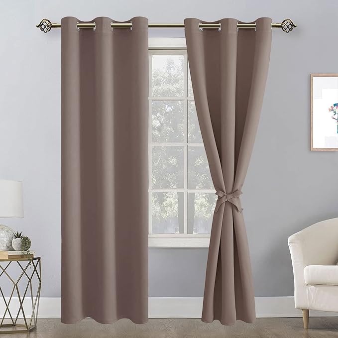 Hiasan Blackout Curtains for Bedroom, 42 x 84 Inches Long - Thermal Insulated & Light Blocking Window Curtains for Living Room/Kids Room, 2 Drape Panels Sewn with Tiebacks, Tan