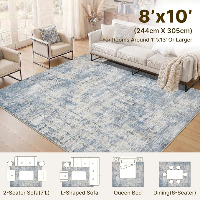 8x10 Area Rugs Washable Living Room Rug-No Slip Soft Carpets Modern Abstract Coastal Beach Indoor Floor Stain Resistant Large Carpet for Bedroom Dining Room Farmhouse Nursery Home Office Blue