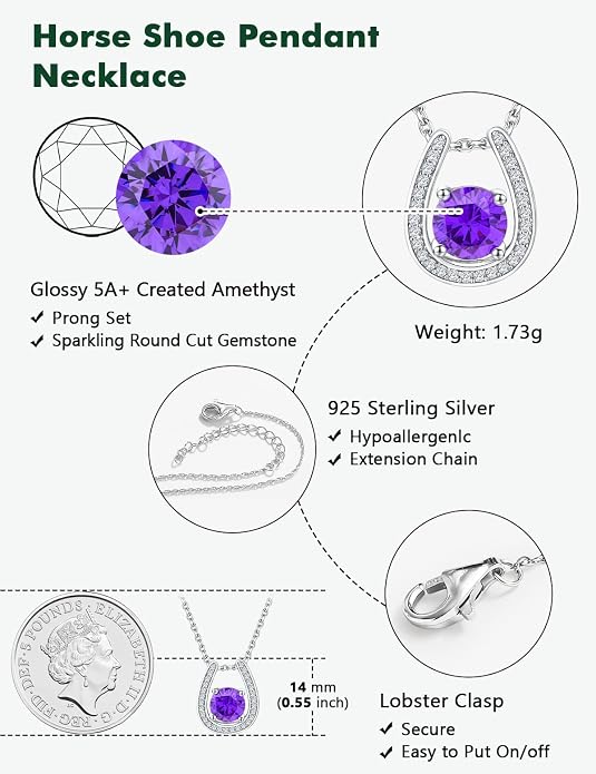 925 Sterling Silver Horseshoe Necklace for Women Round Gemstone Birthstone Necklace Sapphire/Emerald/Ruby/CZ Horse Shoe Pendant Necklaces Jewelry Gift