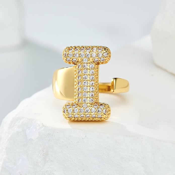 Cicy Bell Initial Rings for Women 14k Gold Plated Cubic Zirconia Delicate Letter Chunky Statement Open Rings Gifts for Her