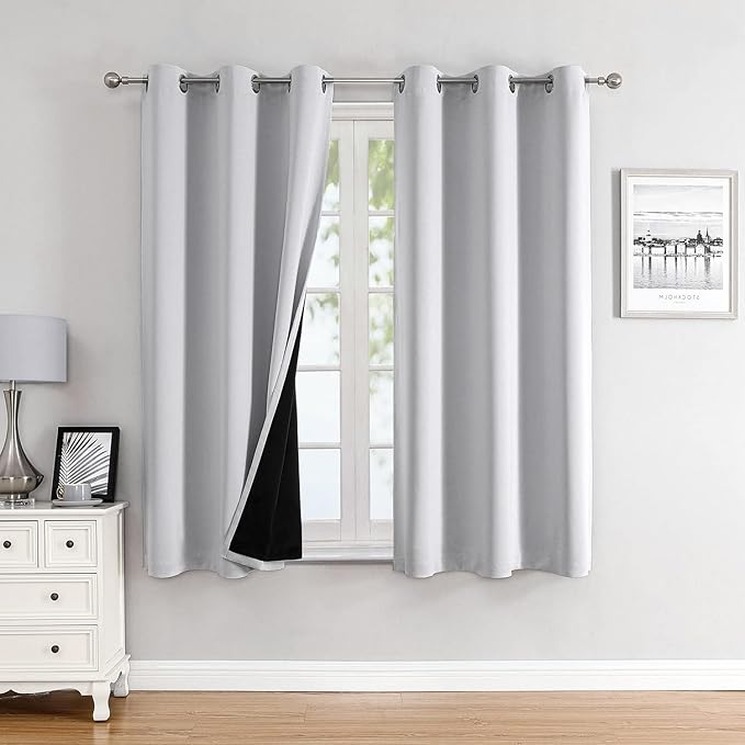 ChrisDowa 100% Blackout Curtains for Bedroom 63 Inches Long 2 Panels Set | 2 Thick Layers, Thermal Insulated, Light Blocking, Grommet, Window Treatment, Living Room Drapes, Greyish White, 42 x 63 Inch