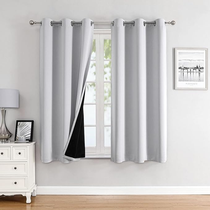 ChrisDowa 100% Blackout Curtains for Bedroom 63 Inches Long 2 Panels Set | 2 Thick Layers, Thermal Insulated, Light Blocking, Grommet, Window Treatment, Living Room Drapes, Greyish White, 38 x 63 Inch