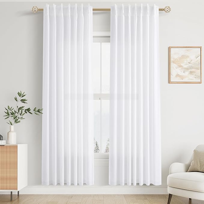 White 80 Inch Curtains for Living Room Dining 2 Panels Burlap Linen Textured Pinch Pleated Drapes 80 Inches Long with Hooks Back Tab Farmhouse Boho Light Filtering Semi Sheer Curtains for Bedroom