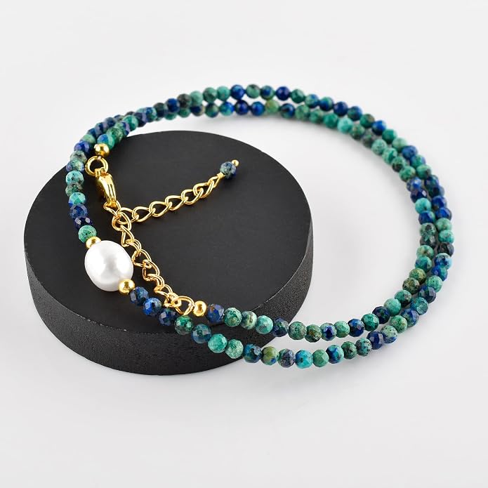 InfinityGemsArt Gemstone Gold Necklace For Women, Birthstone Natural Crystal Stone With Freshwater Pearl Beaded Jewelry, Gold Plated 18 Inch Chain