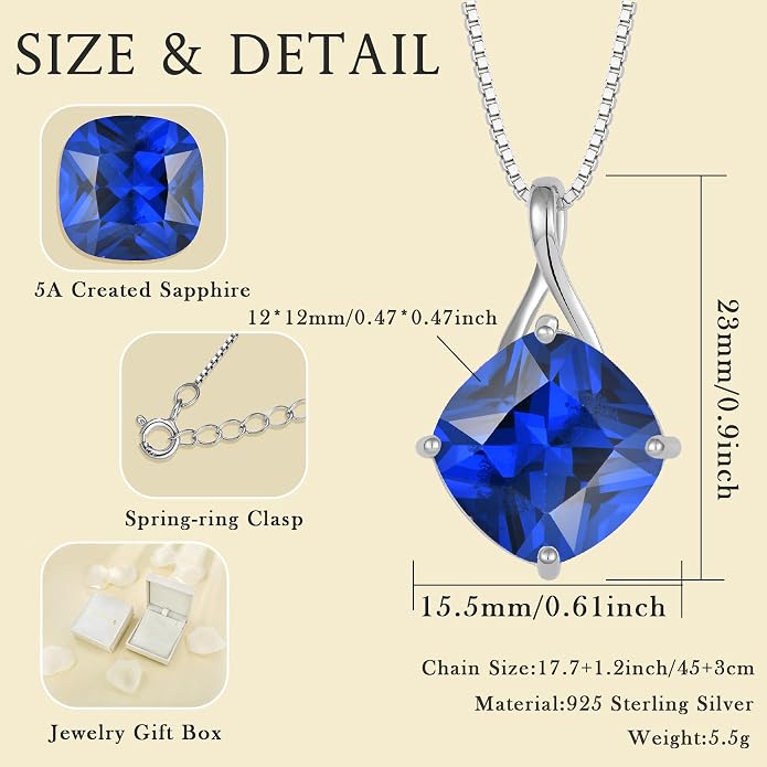 Square Cut Birthstone Necklace for Women Hypoallerg 925 Sterling Silver Cubic Zirconia Necklace Simple Jewelry for Her