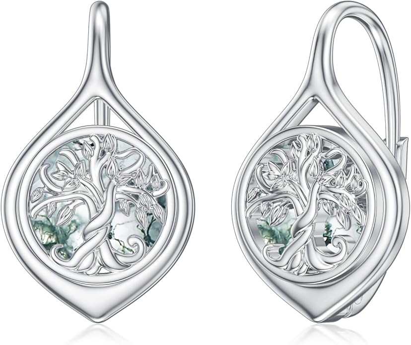 WINNICACA Leverback Earrings for Women 925 Sterling Silver Tree of Life Earrings Dangle Drop Turquoise Moonstone Moss Agate Heart Jewelry Gifts for Women Her Wife Anniversary Birthday Gifts