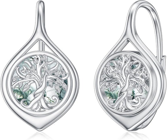 WINNICACA Leverback Earrings for Women 925 Sterling Silver Tree of Life Earrings Dangle Drop Turquoise Moonstone Moss Agate Heart Jewelry Gifts for Women Her Wife Anniversary Birthday Gifts