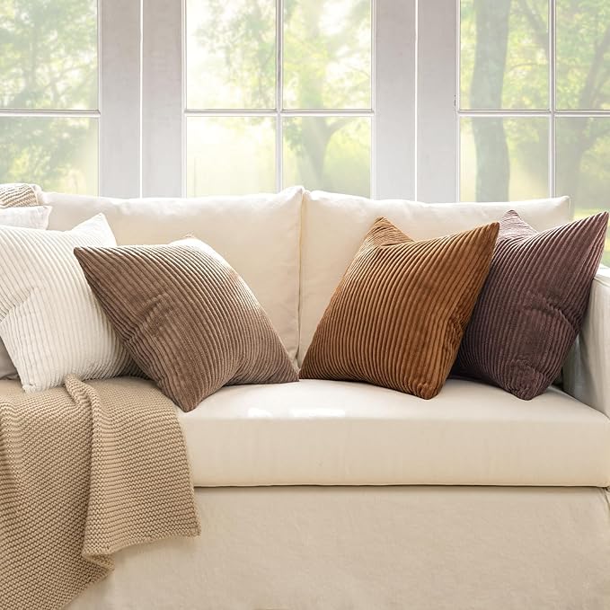 MIULEE Boho Farmhouse Throw Pillow Covers 18x18 Inch Set of 4 Rustic Mordern Neutral Cushion Covers Soft Corduroy Nordic Fall Home Decor for Couch Bed Sofa Living Room Brown