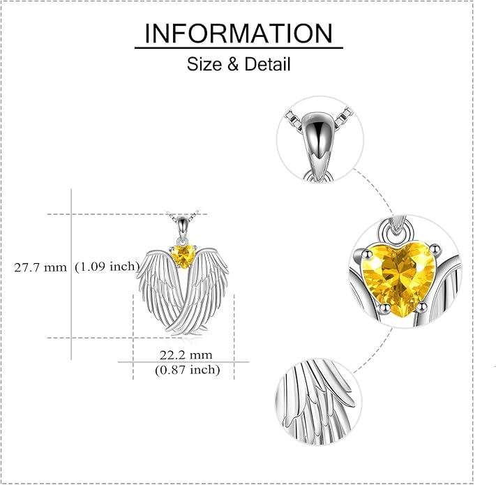 YFN Angel Wings Necklace 925 Sterling Silver Guardian Angel Wings Pendant Necklace Birthstone Necklace for Women Girls Christmas Jewelry Gifts