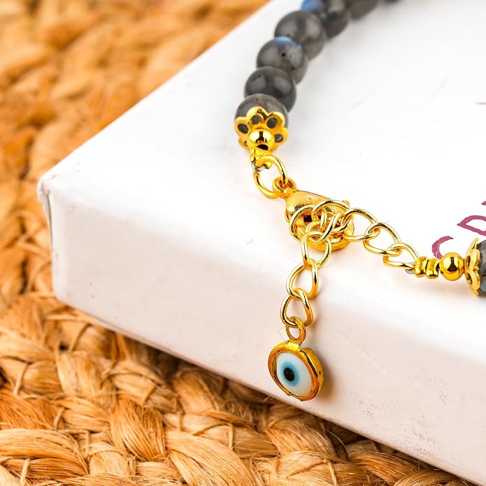 AAA Grade Natural Gemstone Beaded Bracelet, 14K Gold Plated with Evil Charm, Wicca & Reiki Healing Crystals, Handmade Bohemian Jewelry, Christmas Gift for Women (7+1inch)