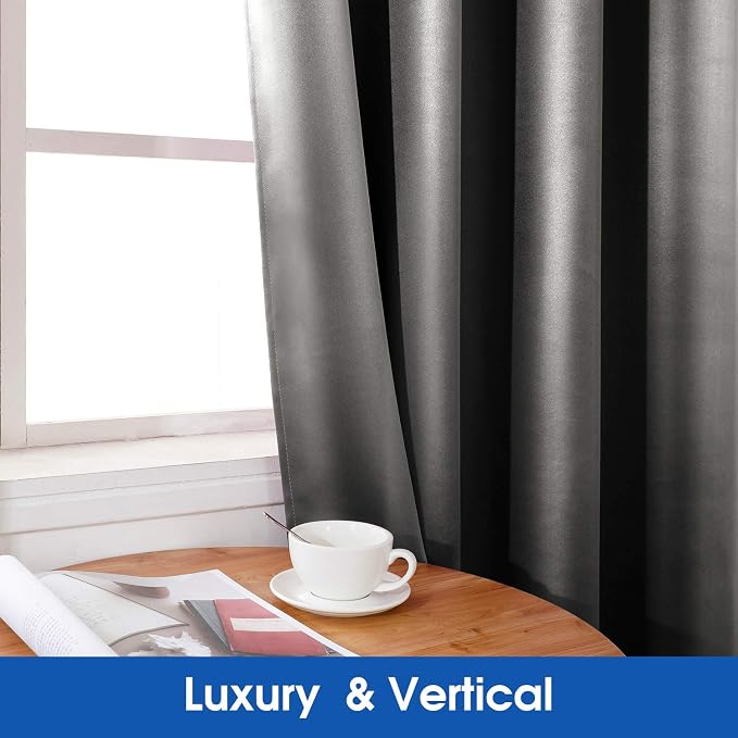 HOMEIDEAS 2 Panels Dark Grey Faux Silk Blackout Luxury Curtains, 52 X 84 Inch Room Darkening Satin Thermal Insulated Window Drapes for Bedroom Decor, Indoor