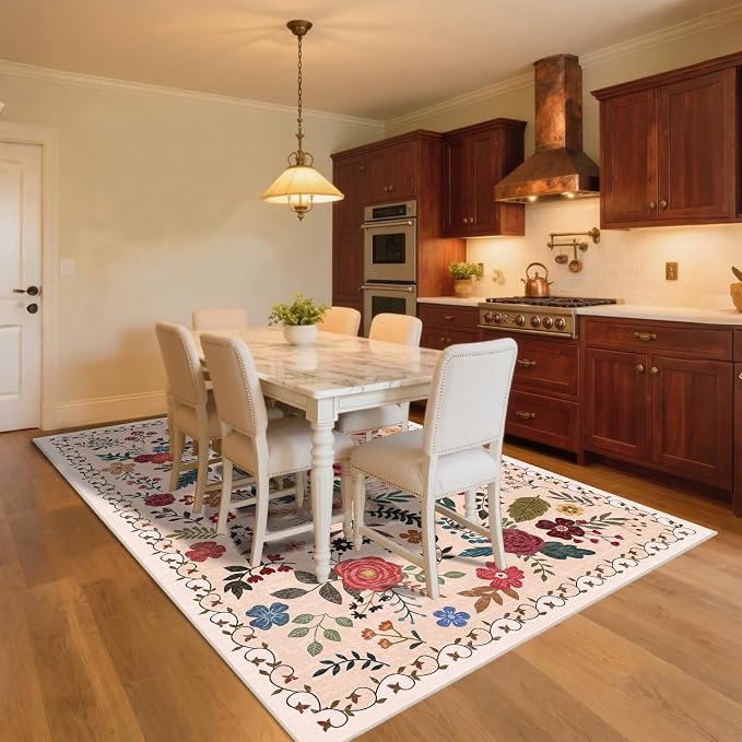 8x10 Area Rugs for Living Room Clearance Washable Boho Area Rug, Vintage Floral Non Slip Low Pile Large Rug for Living Room, Bedroom, Dining Room, Farmhouse (8 x 10 Beige Red)