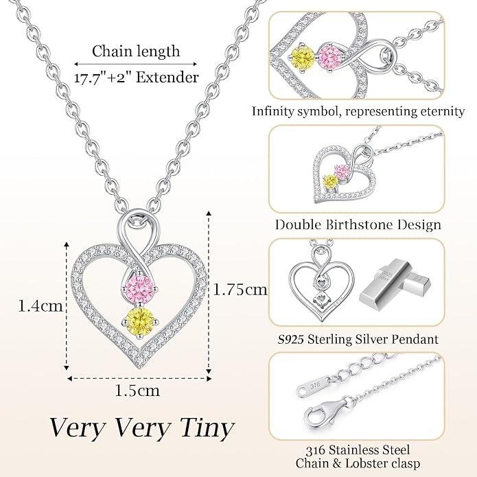 LOUISA SECRET Double Birthstone Necklaces for Women, 925 Sterling Silver Infinity Love Heart Pendant Necklace for Her, Birthday Anniversary Valentine's Day, Christmas, Wedding, Graduation Gift for Her, Personalized Gifts, Jewelry Gifts for Wife Mom Gir...