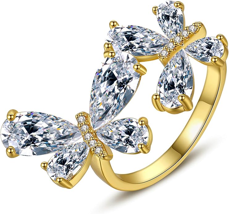 18K Gold Plated Rings for Women and Teen Girls Non Tarnish Cubic Zirconia Fidget Ring Butterfly/Snake/Mesh/Cross/Crown Knuckle Ring Open Adjustable Statement Stacking Chunky Rings