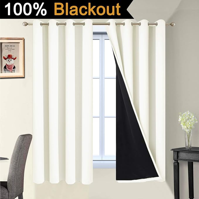 Yakamok Cream 100% Blackout Curtains 63 Inches Long for Bedroom 52" Wide | Blackout Curtain Panels for Bedroom, 2 Thick Layers Grommet Top Thermal Insulated Drapes with Black Liner for Living Room