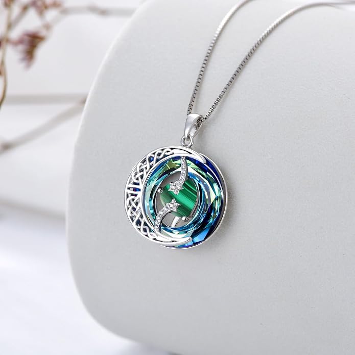 TOUPOP Birthstone Necklace 925 Sterling Silver Moon and Star Pendant Celtic Moon Jewelry with Blue Crystal Anniversary Birthday Gifts for Women Mom Wife Her