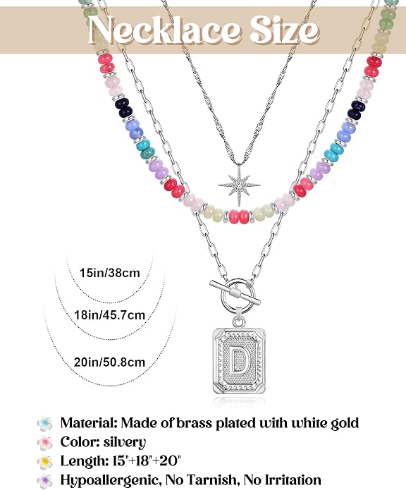 MJartoria Layered Initial Necklaces for Women Trendy, 14K Gold Plated Brass Simple Star Choker Square Letter Pendant Necklace, Colorful Beaded Necklaces Jewelry Gifts