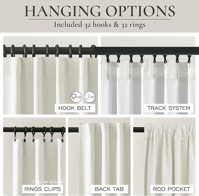 Beige White Room Darkening Curtains 72 Inches Long 2 Panels Burg, Linen Heavy Insulated Bay Window Curtain Modern Neutral Drapes for Bedroom/Cabin/Kitchen (W50" x L72"Tall) 6FT Length Hook Belt