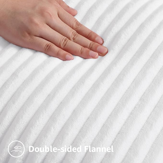 decorUhome Flannel White Throw Pillow Covers 18X18 Set of 4 | Decorative Fall Soft Fluffy Striped Double-Sided Couch Pillow Covers, Modern Farmhouse Pillow Cases for Sofa bed Home Decor